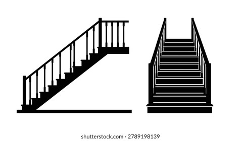 This image depicts a staircase in silhouette, showcasing both a side view and a front view. The black silhouette style emphasizes the form of the