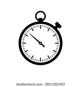 This image depicts a stopwatch silhouette with a circular face, a single hand, and a button. The stopwatch is black against a white background, creating a stark contrast. It is a flat, graphic representation of a timekeeping device.