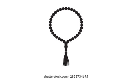 This image depicts a string of rosary beads with a tassel, presented as a black silhouette against a white background.