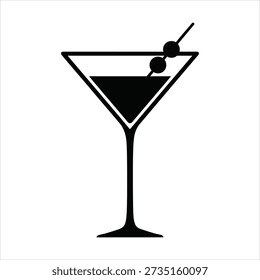 This image depicts a stylish martini glass filled with a dark liquid, likely a cocktail, garnished with three olives on a small cocktail pick. The glass has a long stem and a wide bowl, typical of martini glasses, and is set against a clean white background, giving it a sophisticated and refined appearance.