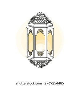 This image depicts a stylish traditional lantern featuring a hexagonal base and a dome-shaped top. The lantern has three vertical panels with a light green and translucent appearance, framed by detailed black geometric patterns and floral motifs. The top of the lantern is adorned with an ornate, lattice-like design, adding to its intricate aesthetic. The overall design suggests influences from Middle Eastern or Moorish architectural styles.