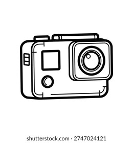 This image depicts a stylized action camera featuring a compact and durable design. It includes a prominent lens, a small screen on the back for previewing shots, and a simple button layout for easy operation. The camera appears to be waterproof and ideal for capturing high-quality video and photos in rugged conditions such as sports, travel, and outdoor activities.
