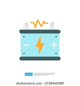 Dieses Bild zeigt eine stilisierte Batterie mit einem Blitzsymbol, das den Energiespeicher und die elektrische Energie darstellt. Das Design ist einfach und farbenfroh.