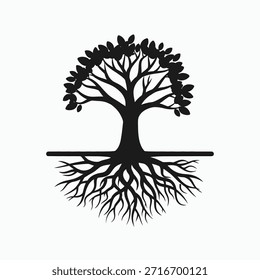 This image depicts a stylized black and white illustration of a tree with a full canopy of leaves and extensive roots extending beneath a horizontal line. The tree symbolizes growth, stability, and connection, with its roots firmly anchored below the line representing the ground or a boundary.