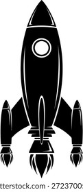 This image depicts a stylized, black and white silhouette of a rocket. The rocket has a circular window near the top and features four visible fins for stability. The design is minimalistic, emphasizing the shape and form of the rocket.