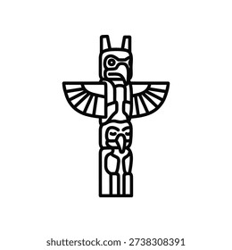 This image depicts a stylized black and white illustration of a totem pole, commonly associated with Indigenous cultures of the Pacific Northwest Coast. The design includes a prominent raven figure at the top, symbolizing wisdom and transformation, and a human-like figure below, possibly representing a connection to humanity or ancestral stories. The intricate patterns and shapes are typical of traditional totem pole artwork, which often carries cultural and spiritual significance.
