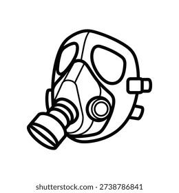 This image depicts a stylized, black and white line drawing of a gas mask. The mask features two circular filters on either side of the central breathing area and a strap that loops over the back of the head. The design is simple, with clean lines and minimal shading, giving it a vintage or instructional appearance. The mask is oriented slightly to the left, and the filters are prominently displayed.