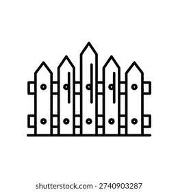 This image depicts a stylized, black and white line drawing of a traditional wooden picket fence. The fence features evenly spaced vertical pickets with pointed tops, creating a repetitive pattern. The bottom of the fence includes horizontal slats, giving it a classic and quaint appearance. The design is minimalistic and clean, suitable for various artistic or decorative purposes.