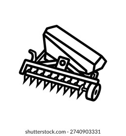 This image depicts a stylized black and white line drawing of a cultivator tiller, a piece of gardening equipment used for breaking up soil, removing weeds, and aerating the ground. The cultivator features a handle, a central shaft, and multiple tines designed for digging into the soil, commonly used in both small and large-scale gardening tasks.