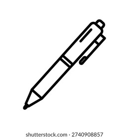 This image depicts a stylized black ballpoint pen with a click mechanism at the top, poised vertically. The pen features a simple, clean design with a metallic clip and cap, emphasizing its functionality and minimalist aesthetic.