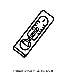 This image depicts a stylized, black-and-white line drawing of a classic mercury thermometer. The thermometer features a rectangular body with a vertical scale marked in increments, a bulbous base, and a visible mercury column inside the tube. The design is minimalistic and lacks color, emphasizing the shape and basic functionality of the thermometer.