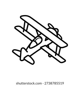 This image depicts a stylized, black-and-white line drawing of a classic biplane in flight. The aircraft features two sets of wings, an open cockpit, and a propeller at the front. The design is minimalistic, giving it a vintage appearance reminiscent of early 20th-century aviation.