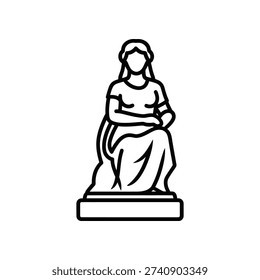This image depicts a stylized black-and-white line drawing of a classical statue. The statue shows a robed woman seated on a rectangular pedestal, holding an object in her left hand and resting her right hand on her knee. The figure has flowing hair and is draped in a detailed garment that covers most of her body, conveying a sense of classical art and antiquity.