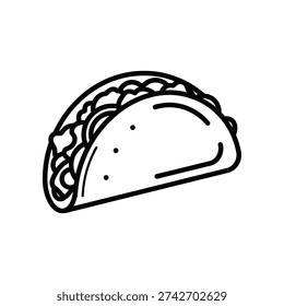 This image depicts a stylized, black-and-white line drawing of a taco wrapped in a tortilla. The filling is partially visible through the tortilla, showing a textured pattern that suggests ingredients like meat or beans. The taco is presented in a minimalist, clean design, emphasizing its shape and form.
