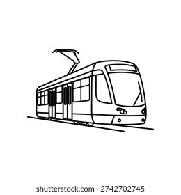 This image depicts a stylized, black-and-white line drawing of a tram or streetcar. The tram has a sleek, modern design with a pantograph on the roof for electric power collection. It features two visible doors and windows, and the illustration is done in a minimalist sketch style.