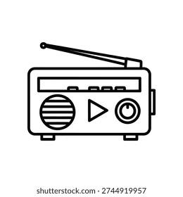 This image depicts a stylized, black-and-white line drawing of an old-fashioned portable radio. The radio features an antenna on top, a speaker grill on the front, tuning dials, a power button, and a volume control knob. The design is simple and reminiscent of mid-20th-century technology, emphasizing its nostalgic and retro aesthetic.