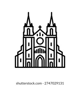 This image depicts a stylized black-and-white silhouette of a grand cathedral featuring twin spires, each topped with crosses. The central facade showcases a large circular rose window flanked by arched entryways and intricate architectural details, emphasizing the Gothic style with its pointed arches and vertical emphasis. The silhouette highlights the cathedral’s towering presence and intricate design elements in a minimalist, clean line art format.