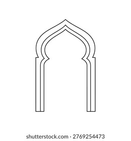 This image depicts a stylized black-and-white line drawing of an Islamic horseshoe arch, commonly found in Islamic architecture. The arch features a pointed, lobed top with two vertical rectangular supports on either side, forming a symmetrical and elegant structure. Such arches are iconic in mosques, palaces, and other significant buildings in Islamic culture.