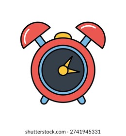 This image depicts a stylized, cartoonish alarm clock with a predominantly red body and blue accents. The clock features two red arms on either side, resembling ears, and a yellow button on top that resembles a bell. The clock face is simple, with black hour markers and a yellow second hand, giving it a fun and whimsical appearance.