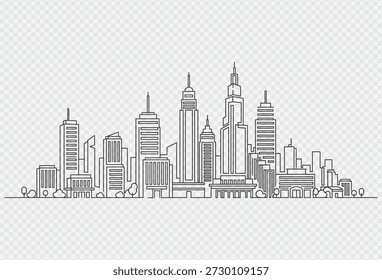This image depicts a stylized cityscape featuring a collection of modern skyscrapers and buildings, rendered in a minimalist line art style. The illustration showcases a diverse range of architectural designs, from sleek and contemporary to more traditional structures, all presented in a clean and simple black outline against a subtle grey and white checkered background.