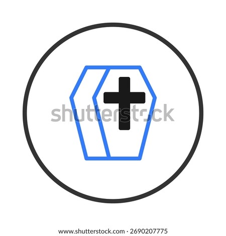 This image depicts a stylized coffin shape containing a cross, rendered in blue and black lines against a white backdrop. It serves as a poignant visual metaphor for death, remembrance, and