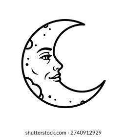 This image depicts a stylized crescent moon with a face integrated into its shape, giving it a friendly and human-like appearance. The moon is outlined in bold black lines, and its surface includes small dots to resemble a starry night sky. The facial features include eyes, a nose, and a smiling mouth, adding a touch of whimsy and charm.