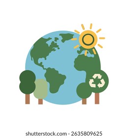 This image depicts a stylized Earth globe, a sun, and trees with a recycling symbol.