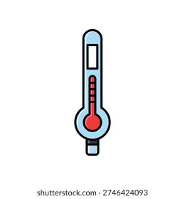 This image depicts a stylized, flat-line drawing of a traditional mercury thermometer. The thermometer features a blue cylindrical body with a red mercury bulb at the bottom. The mercury level reaches just past the 37-degree Celsius mark, indicating a temperature reading. The design is minimalistic and uses simple, bold lines and colors to convey its purpose clearly.