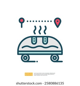 This image depicts a stylized food delivery vehicle with steam rising from a food container, accompanied by location markers, symbolizing food delivery services.