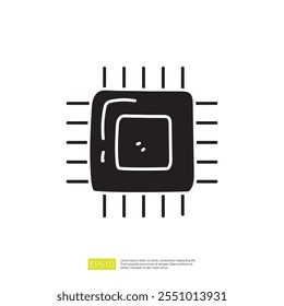 This image depicts a stylized graphic representation of a microchip or processor, highlighting its central square and surrounding pins, symbolizing technology.