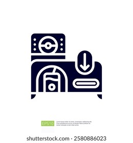 This image depicts a stylized graphic of a gaming console with a download symbol, suggesting a digital interface or gaming environment.
