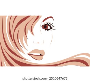 This image depicts stylized illustration of woman's face. Design is minimalist using palette of pink, peach and beige tones. Woman's eye, lips and portion of her nose are visible. 