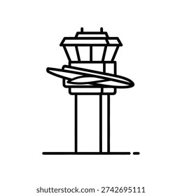 This image depicts a stylized illustration of an airplane in flight approaching a control tower. The control tower has a distinct observation deck and antennae, while the aircraft is shown in a simplified form with visible wings and tail. The scene is minimalistic, emphasizing the interaction between air traffic control and aviation.