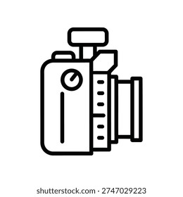 This image depicts a stylized illustration of an old-fashioned film camera. The camera features a prominent lens with a focus ring, a film advance lever, and a shutter speed dial. The design is minimalist and monochromatic, giving it a classic and nostalgic feel, reminiscent of cameras used in the mid-20th century.