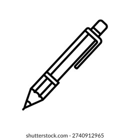 This image depicts a stylized, minimalist line drawing of a mechanical pencil. The pencil features a retractable lead mechanism and a clip for attaching to pockets or notebooks. The design is clean and geometric, emphasizing functionality and simplicity with a modern aesthetic.