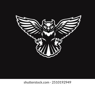 Esta Imagen representa el logotipo monocromático estilizado del búho en vuelo. El búho se muestra desde el frente con sus alas completamente extendidas. Las alas se detallan con figuras en capas y los ojos de búho se representan como agudos.