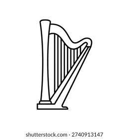 This image depicts a stylized, monochromatic line drawing of a harp, a stringed musical instrument traditionally associated with Celtic culture. The harp features a triangular frame with a curved neck, vertical strings, and a single pedestal base. The design is simple yet detailed, emphasizing the instrument's iconic shape.