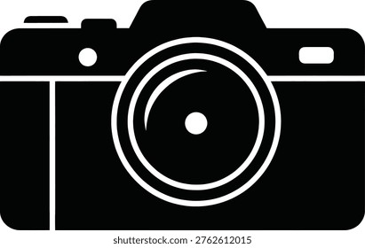 This image depicts a stylized, monochromatic icon of an old-fashioned film camera. The camera features a prominent circular lens with a central dot, surrounded by a ring, and a classic viewfinder design above it. The overall aesthetic is reminiscent of mid-20th-century photography equipment, emphasizing simplicity and functionality with minimalistic line art.