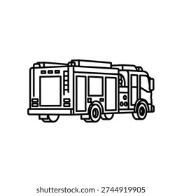This image depicts a stylized, monochrome line drawing of a fire and rescue command vehicle, often used for emergency response coordination. The vehicle features a large central compartment, multiple antennas, and a ladder on the roof, indicating its specialized use for managing fire and rescue operations. The design is simple and clean, suitable for various media applications.