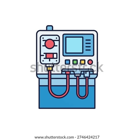 This image depicts a stylized power distribution unit with a digital display and control buttons, connected to a water tank via red and black cables. The unit appears to be a control panel for managing electrical systems, likely used in industrial or technical applications involving water tanks or similar reservoirs.
