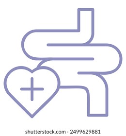 This image depicts a stylized representation of the human digestive system, commonly known as the gut, with a heart icon containing a plus sign.