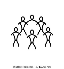 Esta imagem representa uma representação estilizada de um grupo diversificado de pessoas de pé em um círculo e de mãos dadas. As figuras são abstratas, desenhadas com linhas pretas simples contra um fundo branco. O arranjo sugere um senso de comunidade, união e colaboração. A formação circular e as mãos interconectadas enfatizam a unidade, o apoio e o propósito compartilhado.