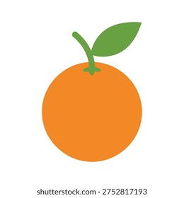 This image depicts a stylized and simplified illustration of an orange fruit. The orange is bright orange in color and has a small green stem with two leaves attached at the top. The design is minimalistic and cartoonish, suitable for use in various media like educational materials, children's books, or simple graphics.