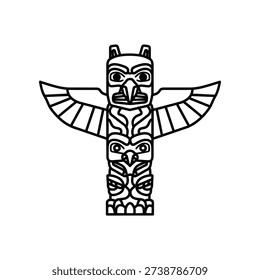 This image depicts a stylized totem pole design with a prominent owl figure at its center. The owl has outstretched wings with detailed feather patterns and a carved face with expressive features. The totem pole itself is adorned with traditional geometric and symbolic patterns, representing indigenous artistry and cultural significance. The design is rendered in a simple line art style, emphasizing the contours and details of the carvings.