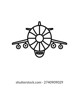 This image depicts a stylized, vintage-inspired airplane viewed from the front. The aircraft features a circular propeller with a smiling face, giving it a playful and whimsical appearance. The plane has two wings, each with a single engine mounted on them, and a simple, rounded fuselage.
