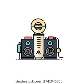 This image depicts a stylized, vintage-inspired radio receiver setup featuring a classic design with a lightbulb on top. The device includes multiple knobs for tuning, a central speaker grill, and a retro aesthetic with muted colors. The setup also includes what appears to be a vintage power adapter and a small amplifier or equalizer unit.