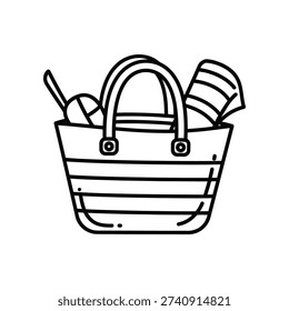 This image depicts a stylized wicker basket containing beach gear. Inside the basket, there is a rolled-up towel, a small shovel, and a rake, all neatly arranged. The basket has two sturdy handles and a simple, functional design, suitable for carrying items to the beach or poolside.