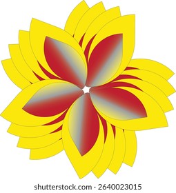 This image depicts a symmetrical, stylized flower design with layered petals. The inner petals are red with a smooth gradient fading to blue-gray and outlined in yellow.