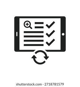 Esta Imagen muestra una tableta que muestra una aplicación de administración de tareas. La pantalla muestra una lista de tareas con Casillas de verificación, indicando el Estado de finalización. Hay un ícono de lupa que sugiere una función de búsqueda y una flecha circular en la parte inferior, lo que implica una función de actualización o Actualizar.