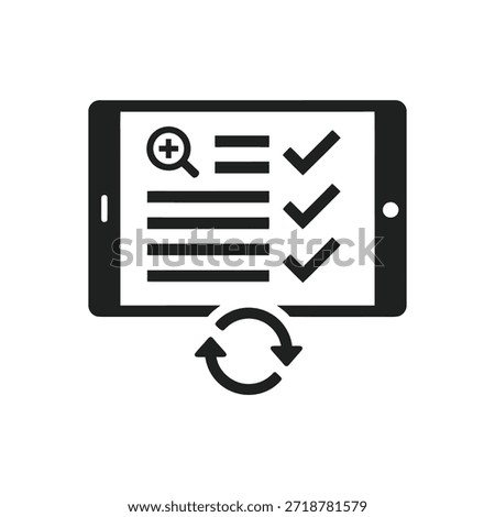 This image depicts a tablet displaying a task management application. The screen shows a list of tasks with checkboxes, indicating completion status. There is a magnifying glass icon suggesting a search function and a circular arrow at the bottom, implying a refresh or update feature.